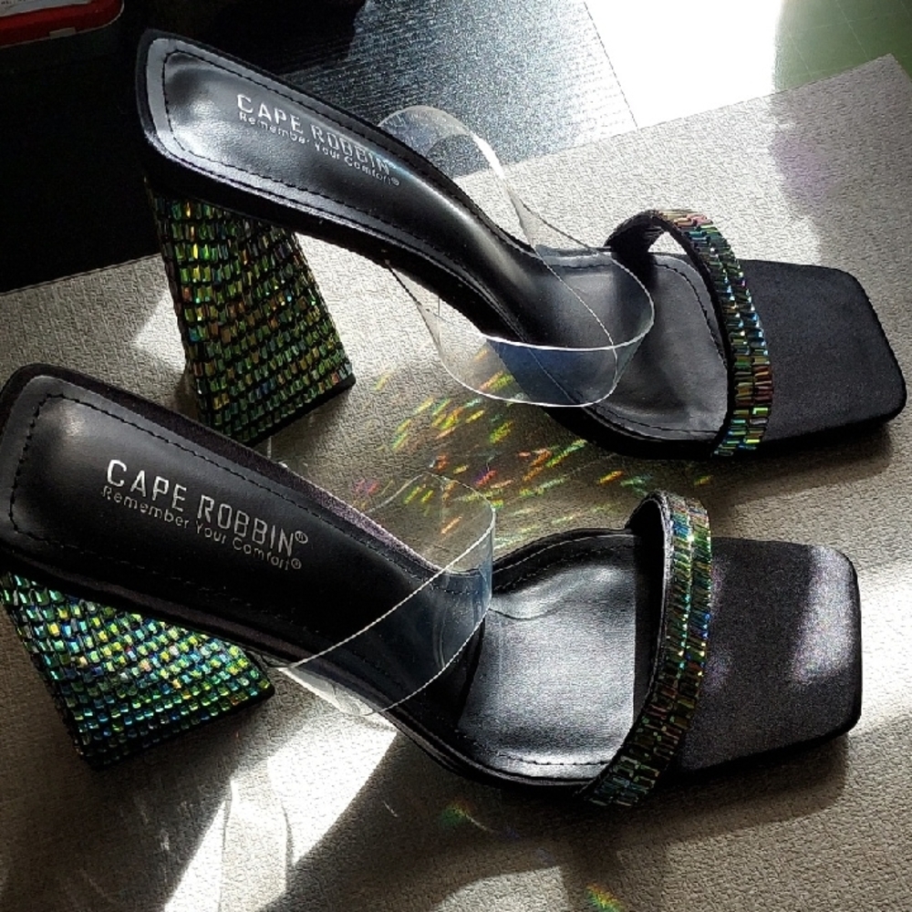 Cape Robbin Black High Heel Mules with Iridescent Straps And Heels